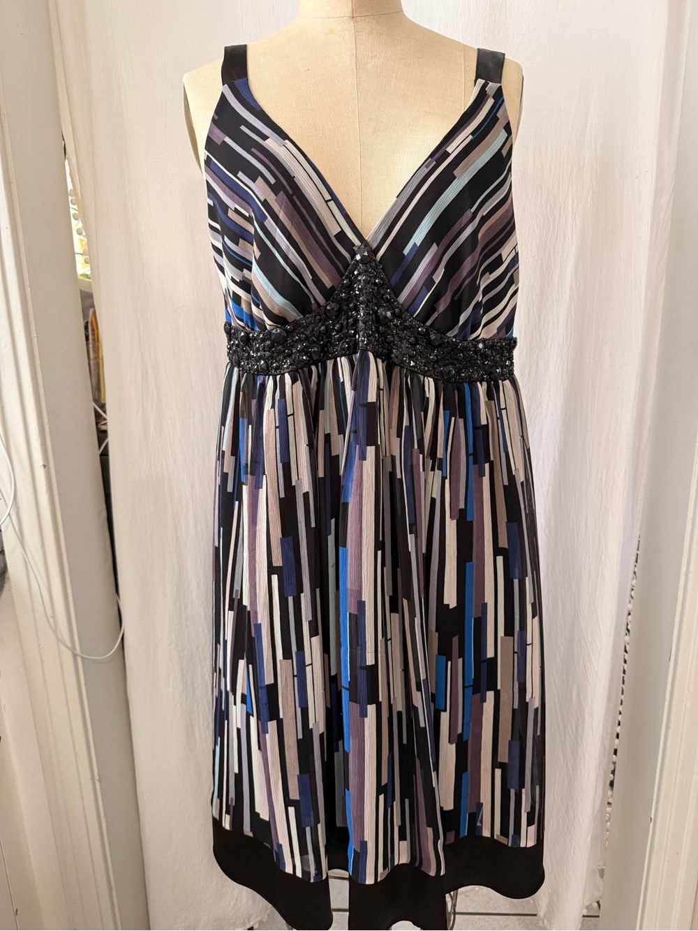 Vertigo Paris, Striped Tile Printed, Bejeweled Dress sz XL